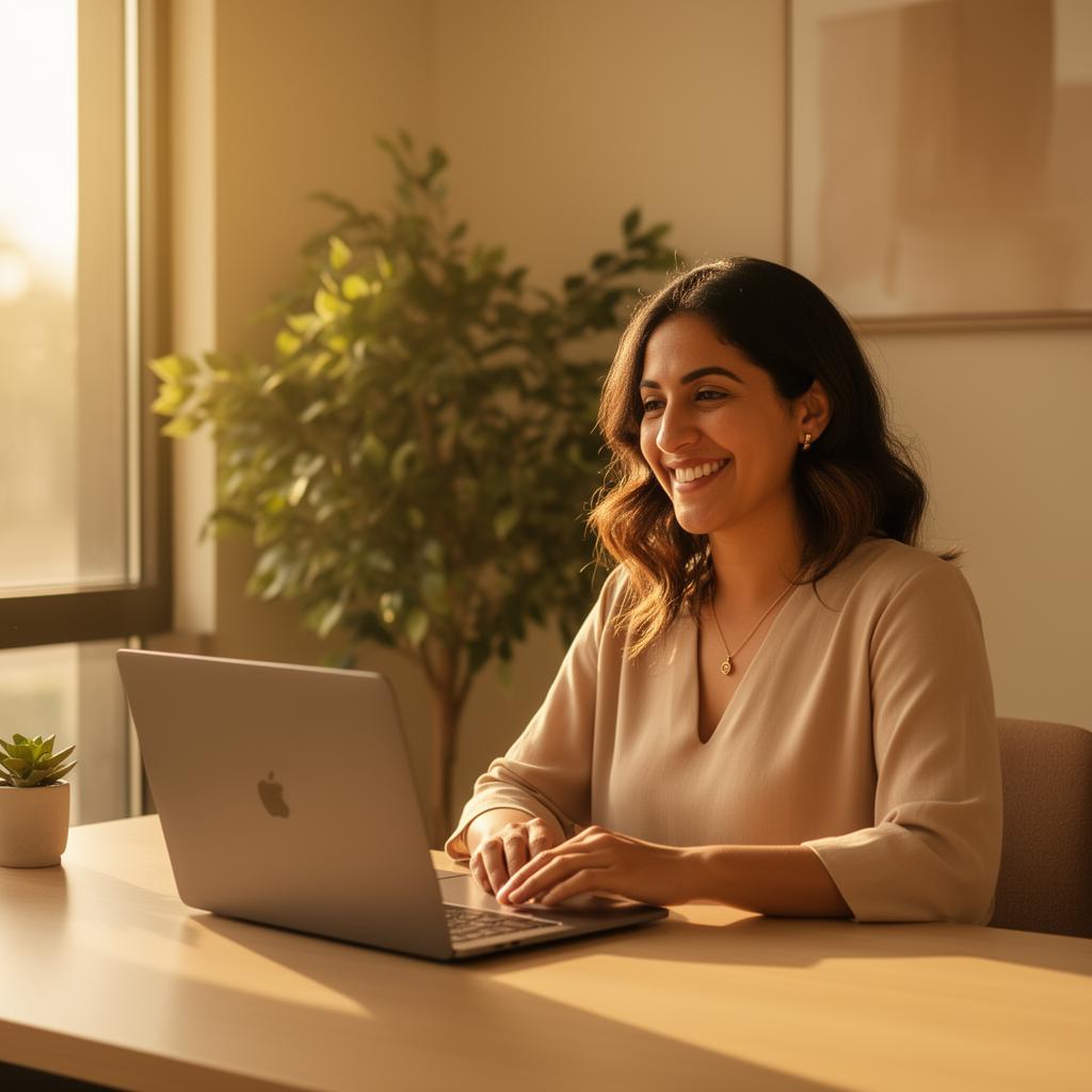 Warm therapist smiling in modern sunlit office