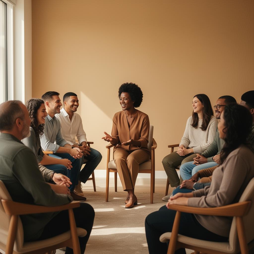 Diverse counseling group with therapist leading conversation