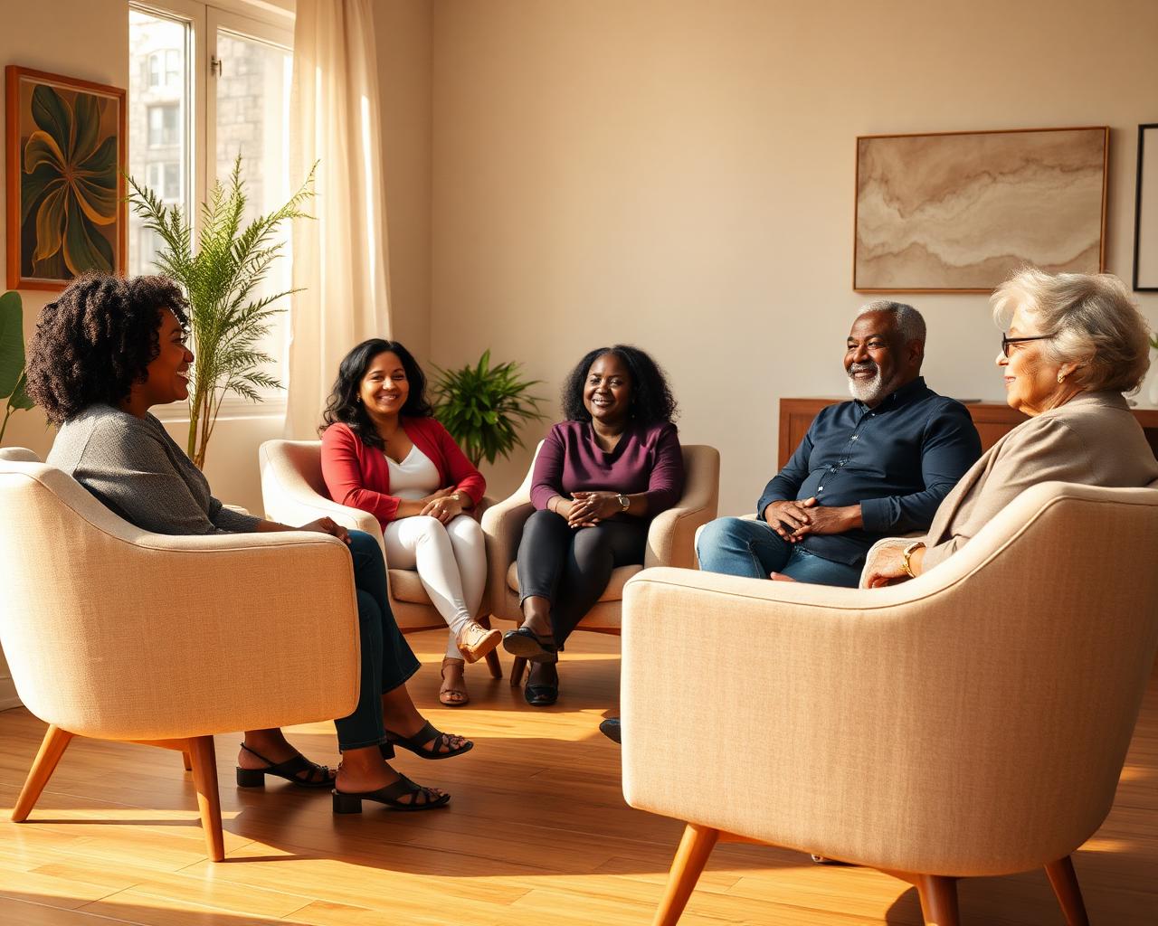 Diverse group therapy session with people of different ethnicities engaged in conversation
